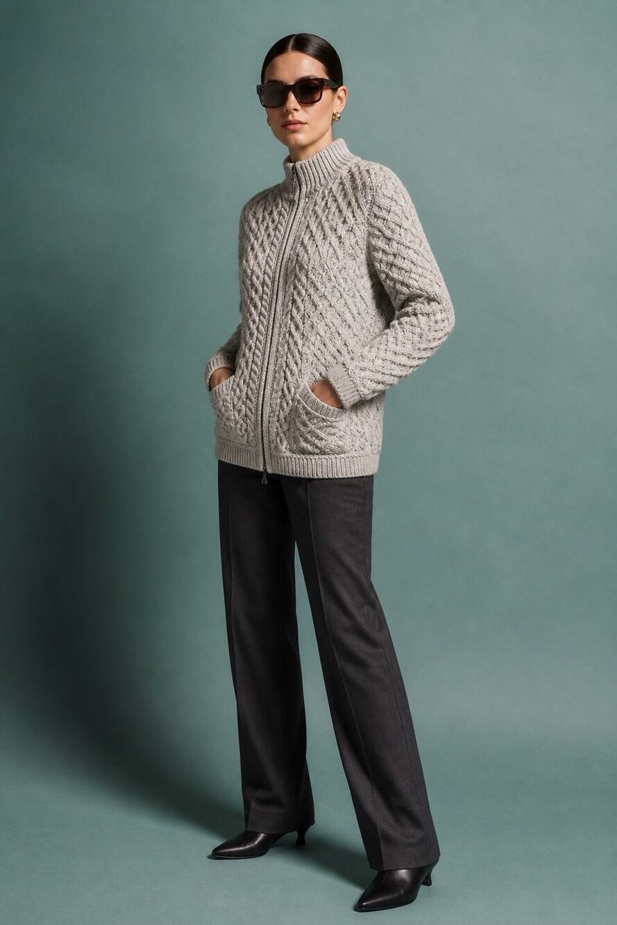 Aran Crafts Ireland Cabinecore 100% Merino Wool Zip Cardigan Gray Womens Size M
